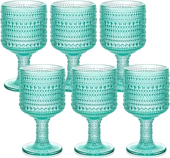 Unique Embossed Pattern High Clear Stemmed Glassware Wedding Party Bar Drinking Cups Green Golden Amber Beads Glasses Cup