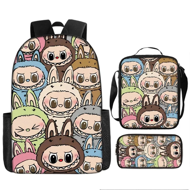 Labubu Cartoon Printed Three-Piece Set Schoolbag Shoulder Bag Pencil Case for Students