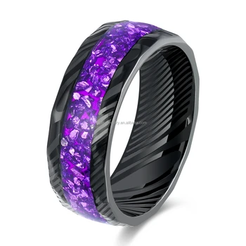POYA Unisex 8mm Purple Amethyst Gravel Inlay Black Stainless Steel Fashion Jewelry Ring