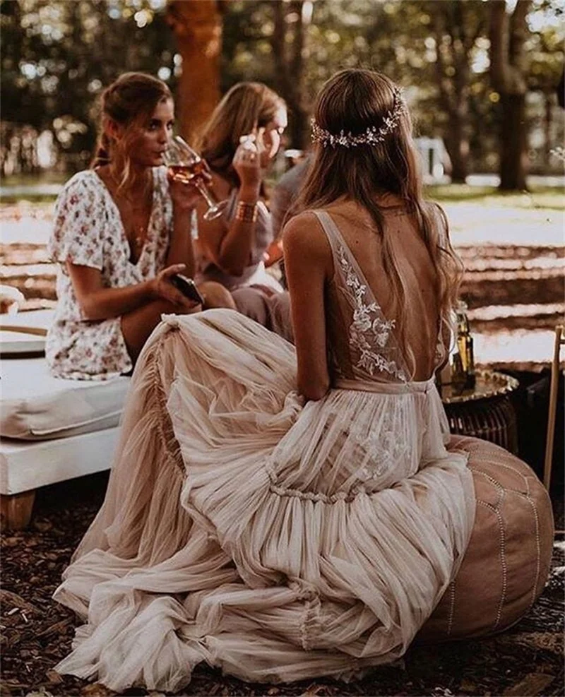 white christmas dresses Designer Champagne Lace Scoop Neck Boho Wedding Dress, Light Ivory main image 1