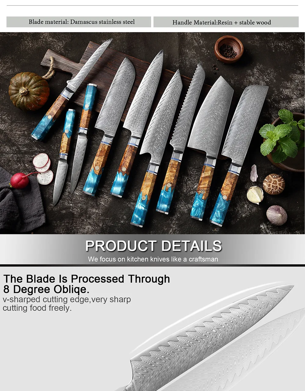9 Pcs Handcrafted Japanese Cooking Knives Luxury Kitchen Damascus Chefs