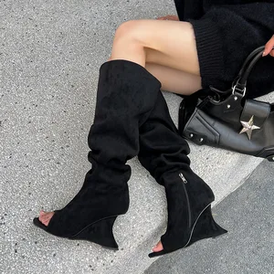 BUSY GIRL MY9804 High-heeled Knee-high Summer Hollow Long Boots for Women Fish Mouth Wedge Heels Sandals Niche Sandals