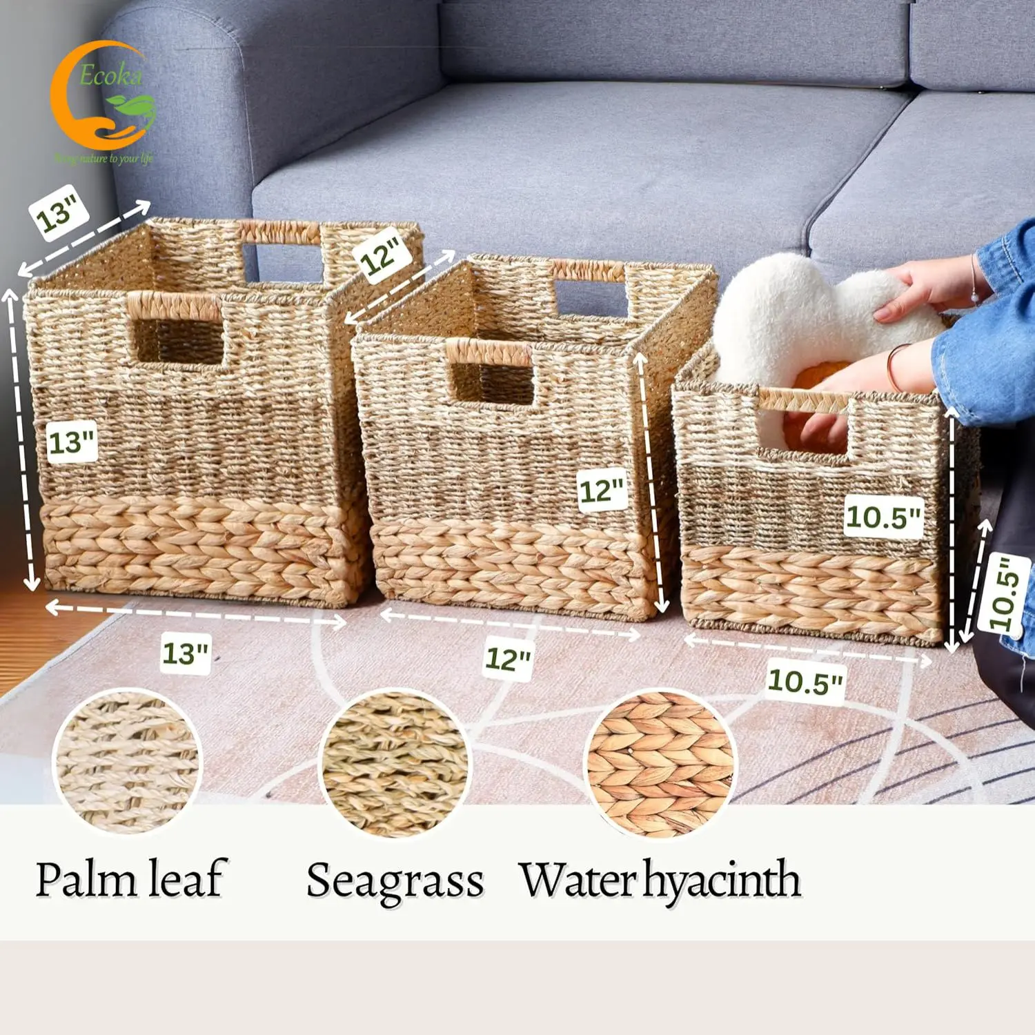 Wicker Storage Cubes with Liners Water Hyacinth Storage Baskets for Shelving, Handwoven Square Baskets with Built-in Handles