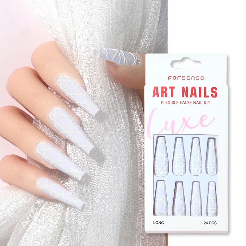 Easy Winter Classy Matte Press on Nail Design Holiday Simple White 3d Line Nail Tips Wedding Bride Elegant Long Coffin Fake Nail