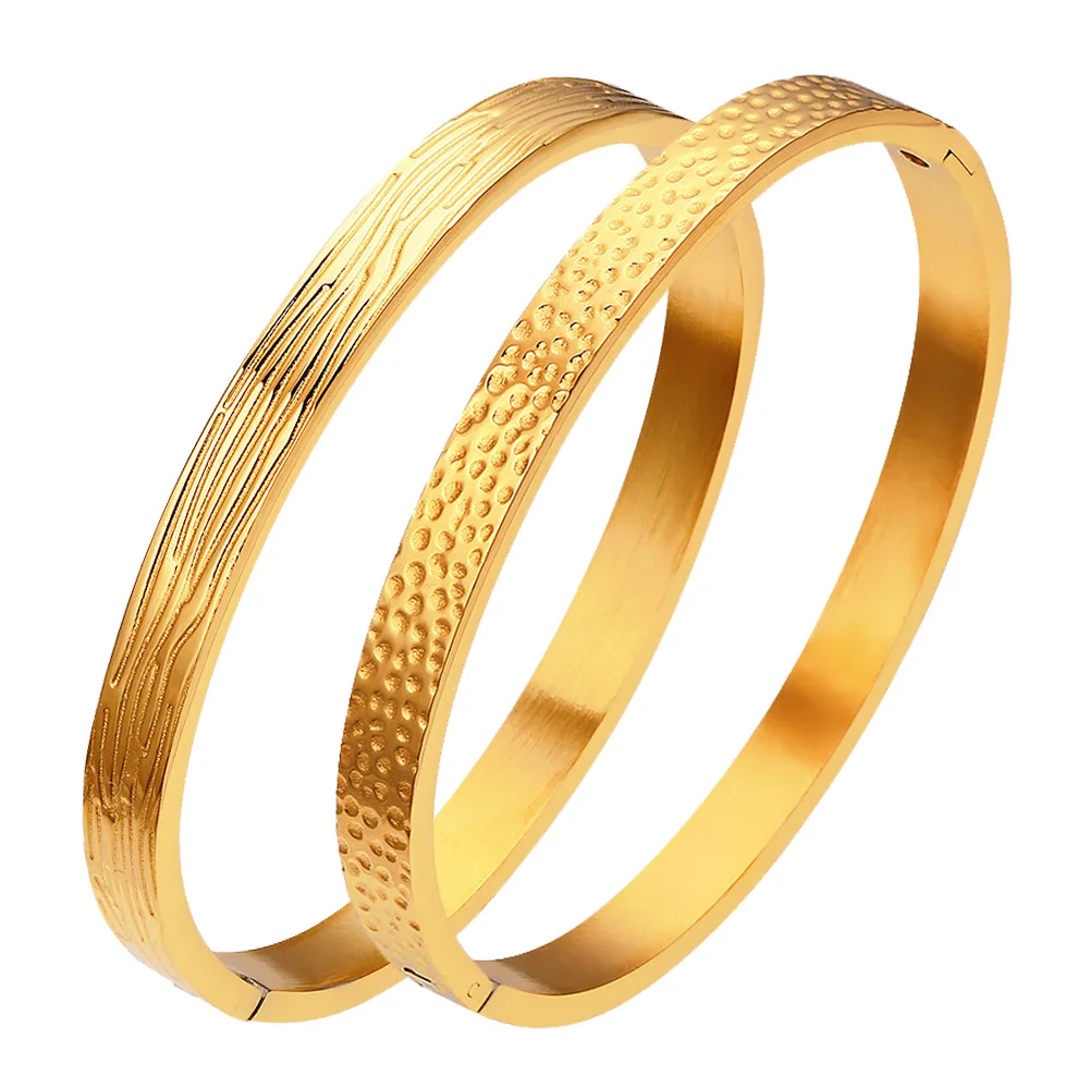 Stainless Steel 18K Gold Luxury Saudi Arabia Jewelry New Custom Wholesale  Latest Designs Non Tarnish Wood Grain Ladies Bangle