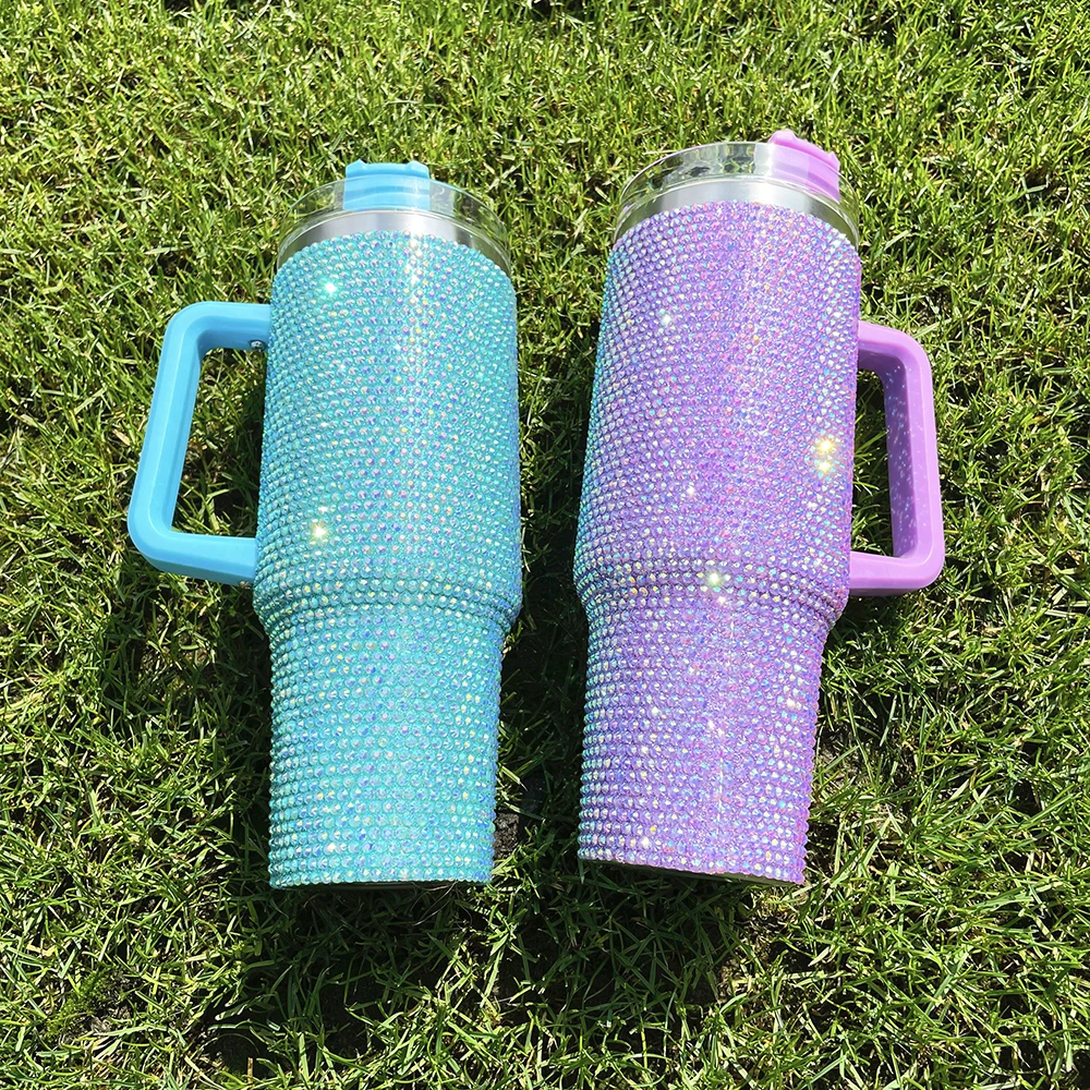 wholesale outdoor camping cup 40 Oz Rhinestone Studded Bling Tumbler Full Bling Rhinestone 40oz Tumbler with Handle and Straw
