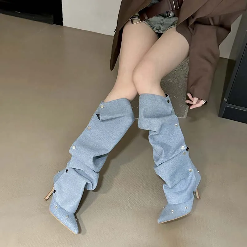 Willow Nail Buckle Stitching Two-wear High Heel Denim Pleated Pile Boots  Female Personality Hot Girl Fashion Boots