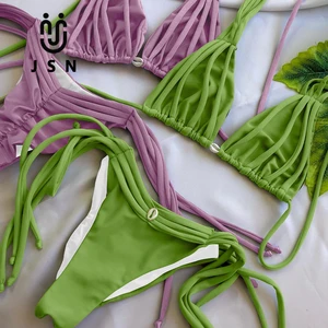 JSN OEM Custom Luxury Bathing Suit for Women Sexy String Ribbed Bikini Set With Lace up Beads Plus Size Bra Tie Beach