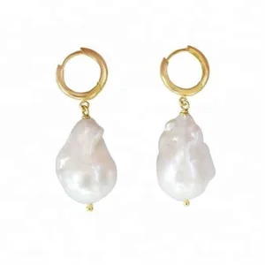 Full Custom Irregular Women Minimalist Gold Plated Real Natural Freshwater Baroque Drop Pearl Earrings