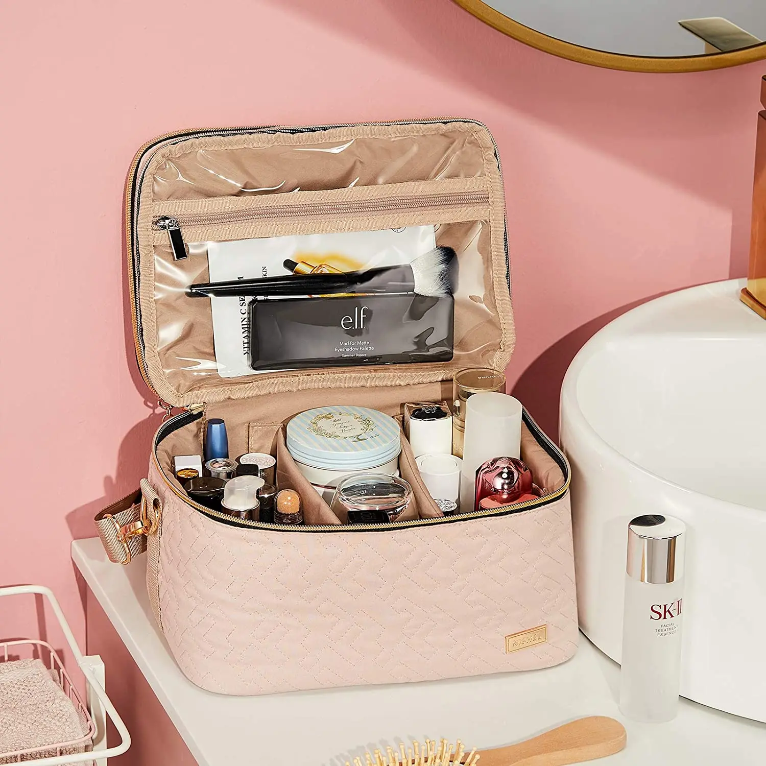 Custom Double Layer Travel Makeup Bag with Strap Large Cosmetic