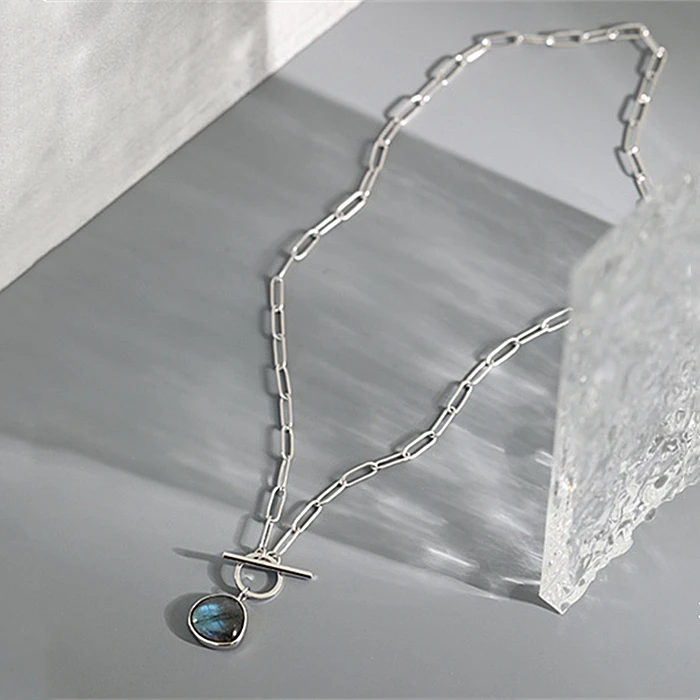 Natural Labradorite Gemstone Charm Thick Paperclip Toggle Chain 18k Gold Vermeil Jewelry 925 Sterling Silver Necklace for Women