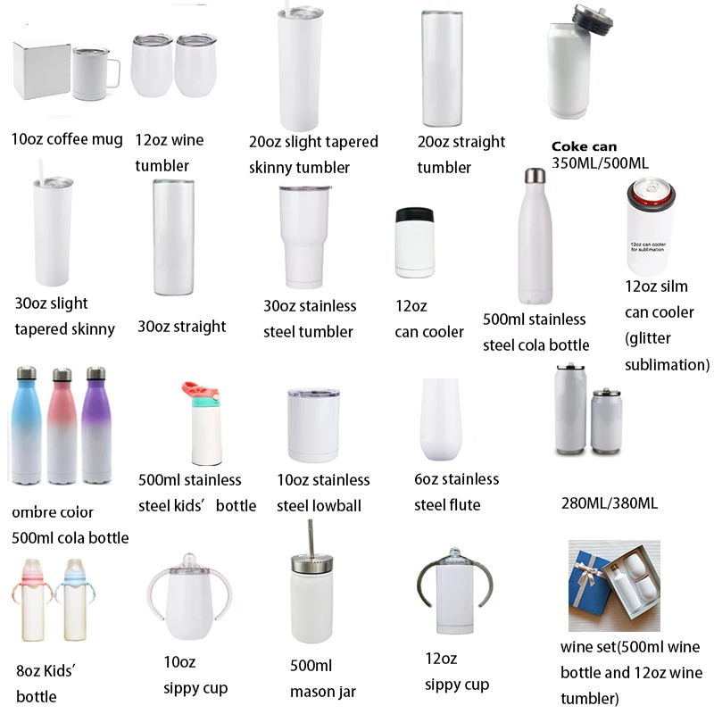 White Sublimation Tumbler Blanks 10oz 12oz 15oz 17oz 20oz 30oz Blank  Stainless Steel Vacuum Mug for