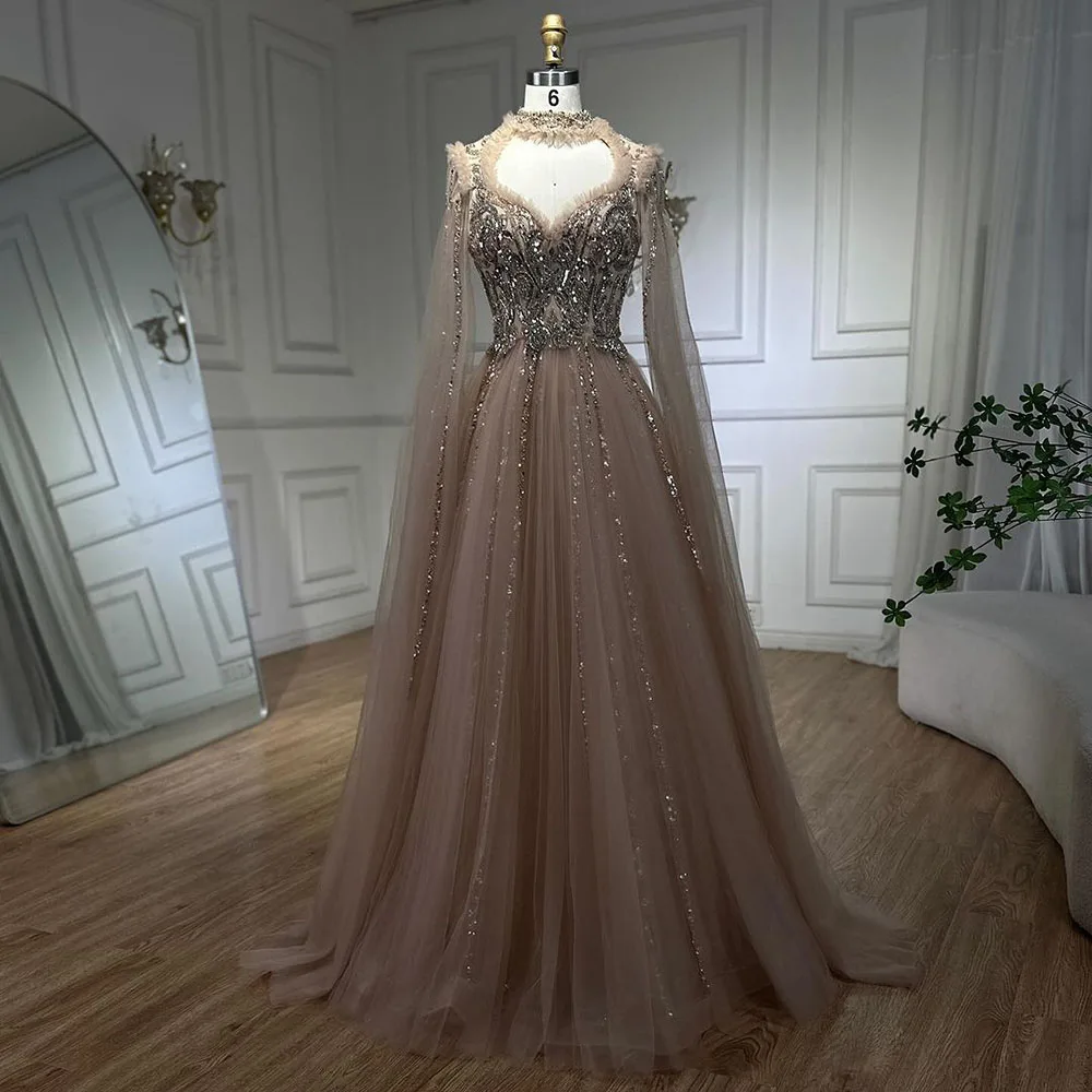 Serene Hill 2024 Arabic Nude A Line Elegant Cape Sleeves Beaded Luxury ...