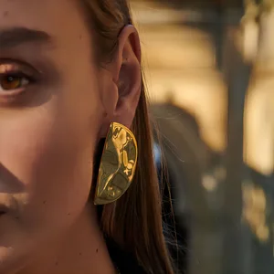 MW Waterproof Stainless Steel Stud Earrings for Girls: PVD Gold Dipped, Half-Circled Hammered Texture Statement Jewelry