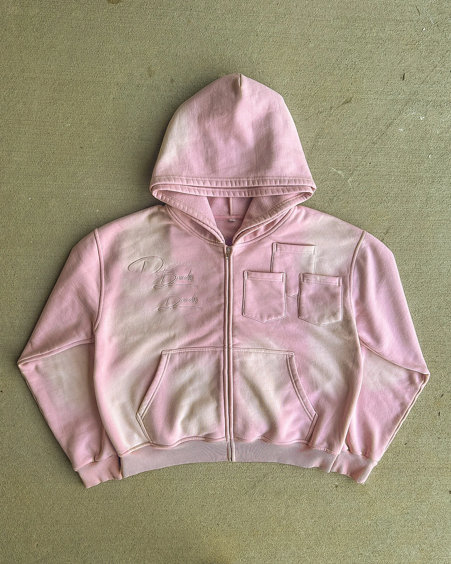 Custom Embroidery Printing Cloud Gray Vintage Hoodies Double Hood Patchwork Distressed Men Sun Fade Zip-up Hoodie gallery 4