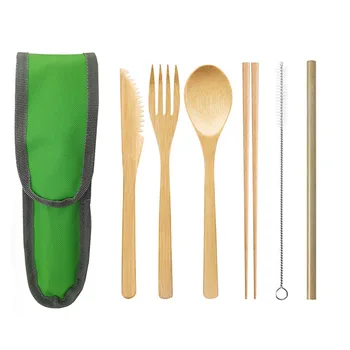 Eco Friendly Bamboo Fork Knife Spoon Straw Biodegradable Travel Utensil Set Pouch Bamboo Cutlery Set with Portable Storage Case