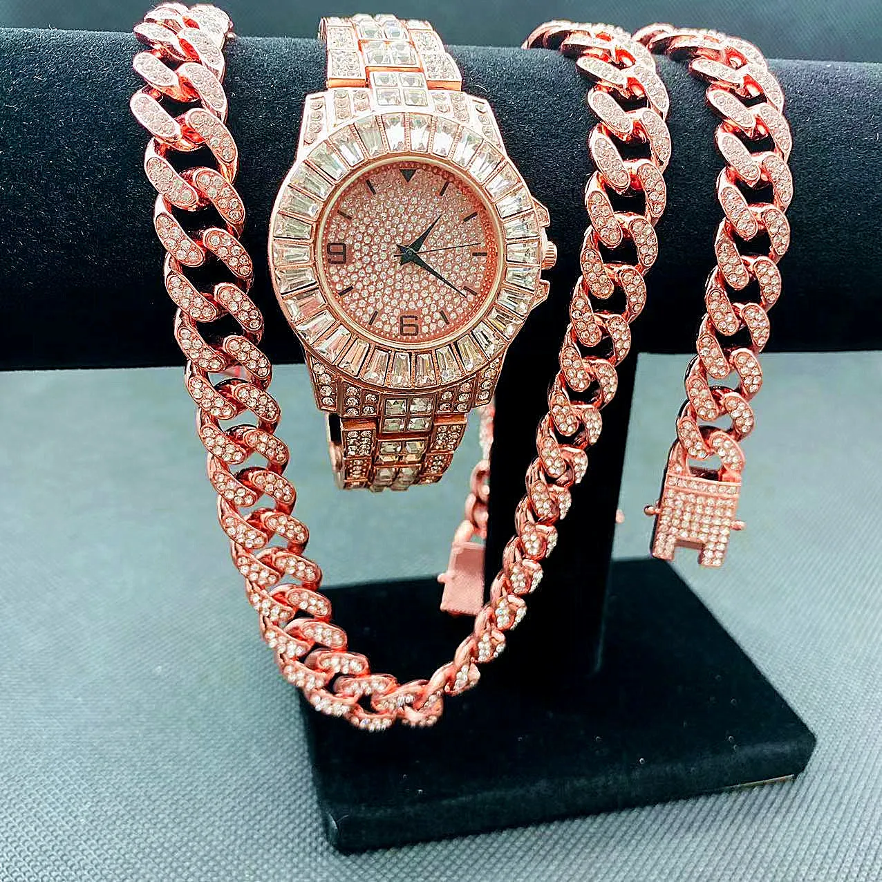 Iced Out Gold Watch Set for Men with Cuban Chain, Bracelet 