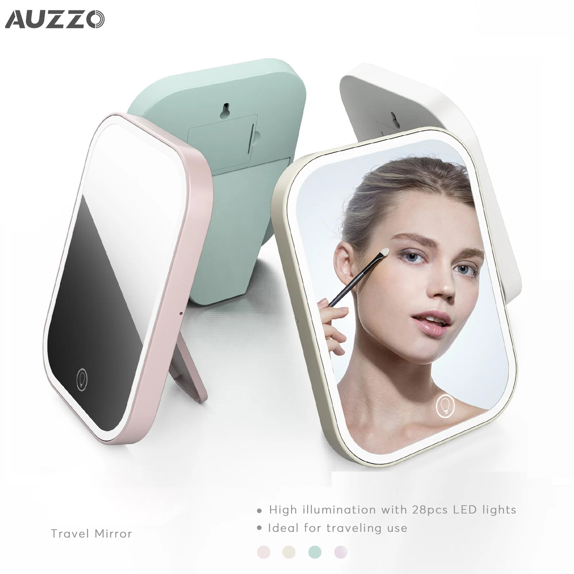 Оптовая продажа маленькое умное складное настольное зеркало для макияжа AUZZO со светодиодной подсветкой квадратное туалетного столика с сенсорным экраном
