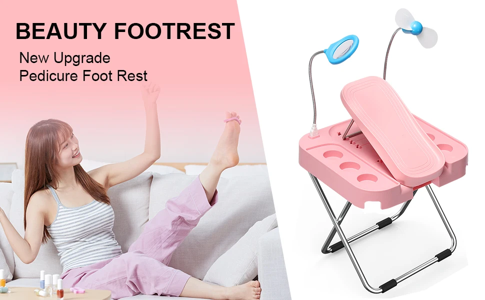 The Beauty Footrest for Easy At-Home Pedicures, No More Bending With LED Magnifier Fan Non-Slip Sturdy Legs & Built-in Storage