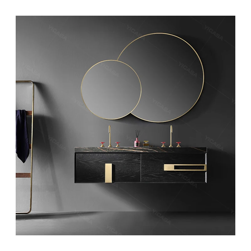 Роскошная тарелка из спеченного камня раковина для ванной комнаты латунная ручка твердый деревянный настенный шкаф со светодиодным зеркалом