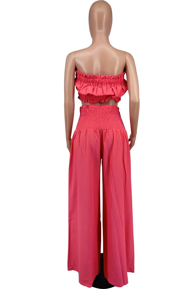 8674 New Arrivals Strapless Tube Top Matching Wide Leg Straight Pants Summer Casual Two Piece 