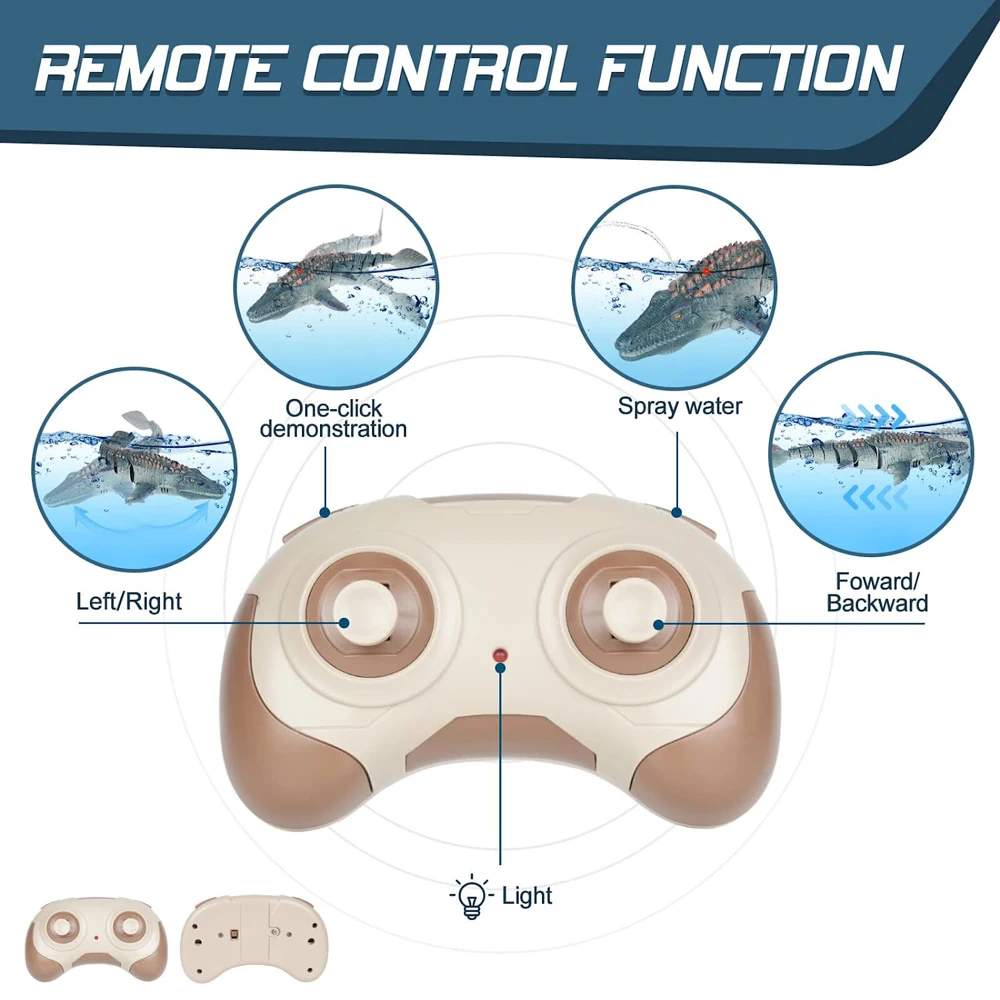 2.4G remote control dinosaur pool toys simulation RC Mosasaurus water toys one-key demo with spray water and light for kids