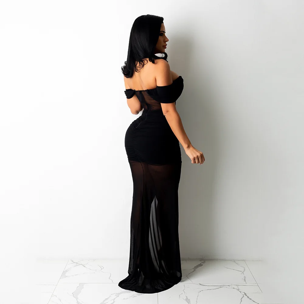 OS6181 Spring summer hot style mesh sheer dress Long Cami Full Slip Dress plus size slim mesh patchwork Gauze Dress