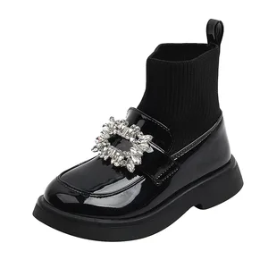 Fashion Girl's Sock Boots Non-Slip Sole Autumn Winter Kids Block Heel Boots Ankle Booties with Rhinestone