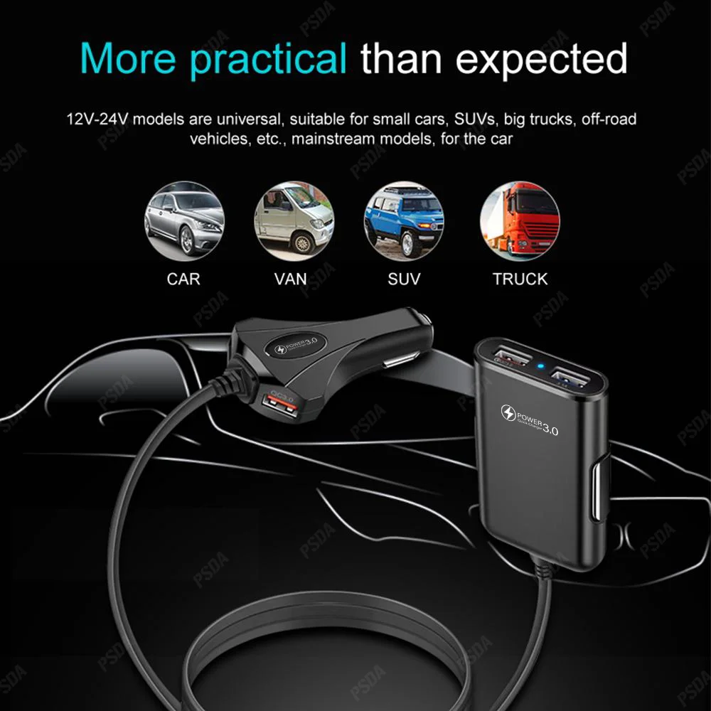 60 Вт 4 порта с удлинительным шнуром 6 футов для зарядки заднего сиденья зажимом телефона смартфона Быстрая зарядка 3 0 Автомобильное зарядное устройство А