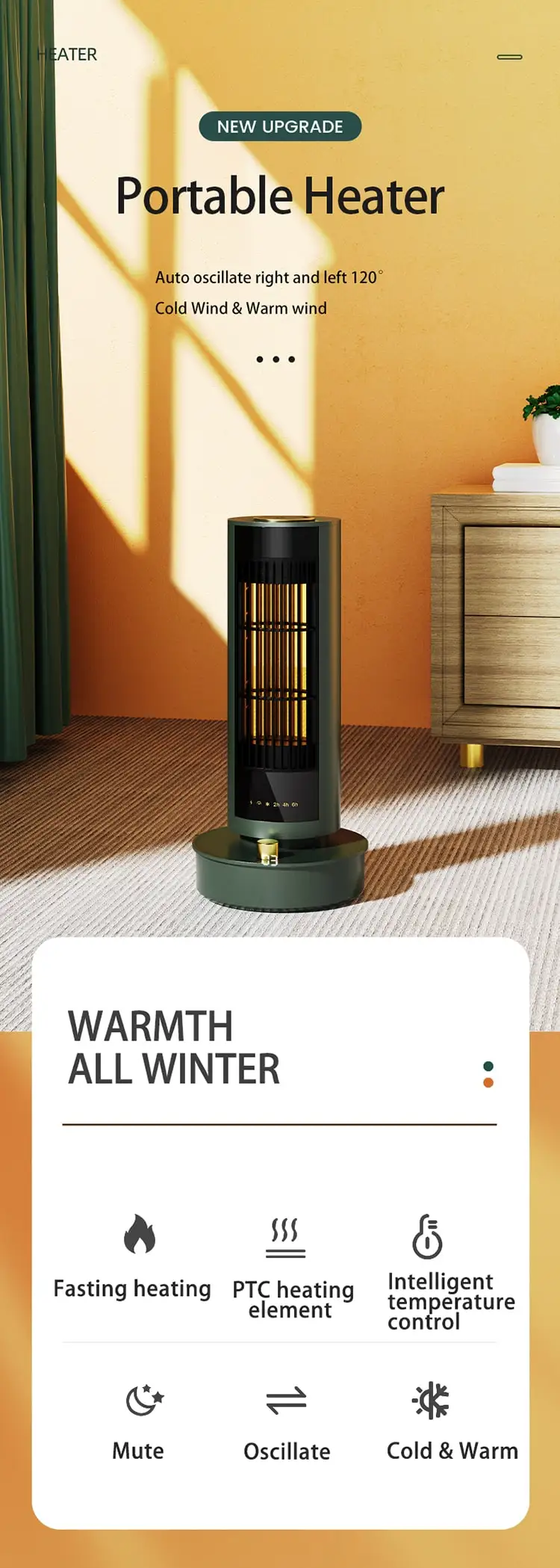 Vansu 2021 New 2 In 1 Hot Cool Tower PTC Electric Room Fan Heater