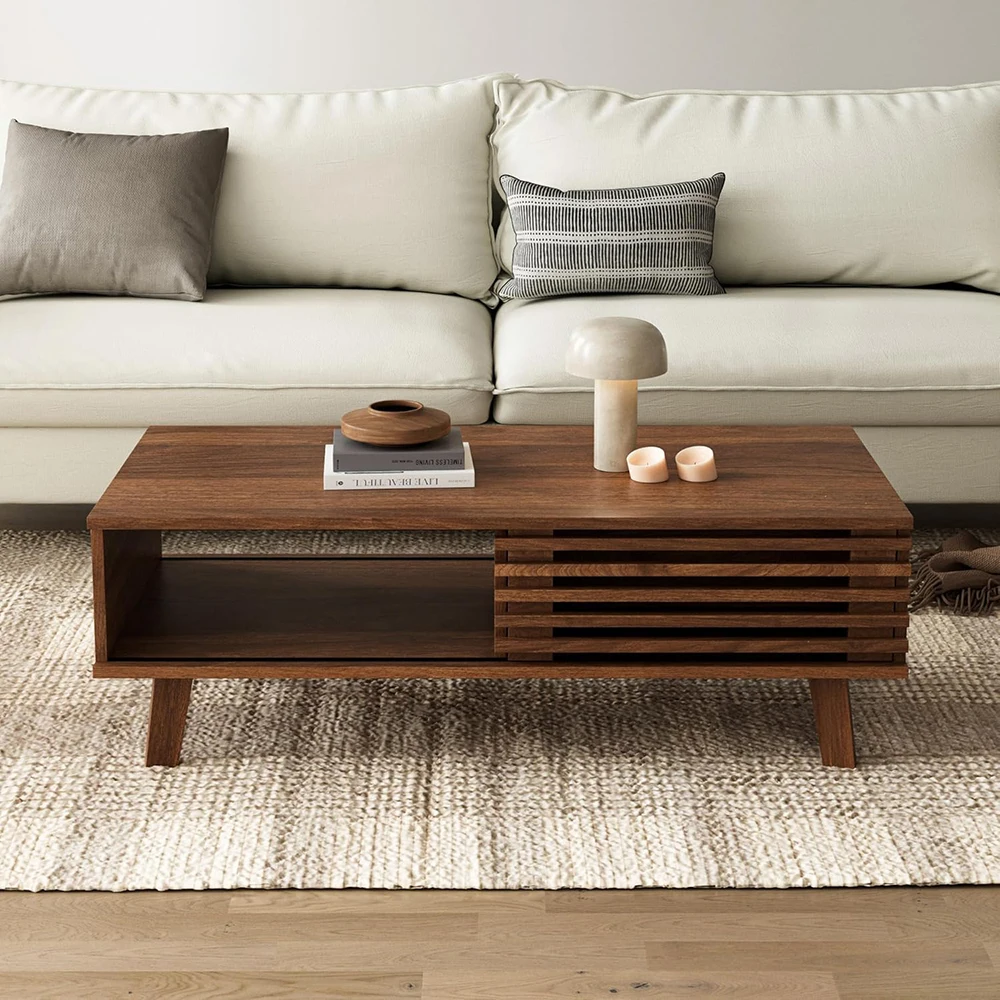 product nu deco mid century modern wooden coffee table with storage farmhouse design for living room apartment-5