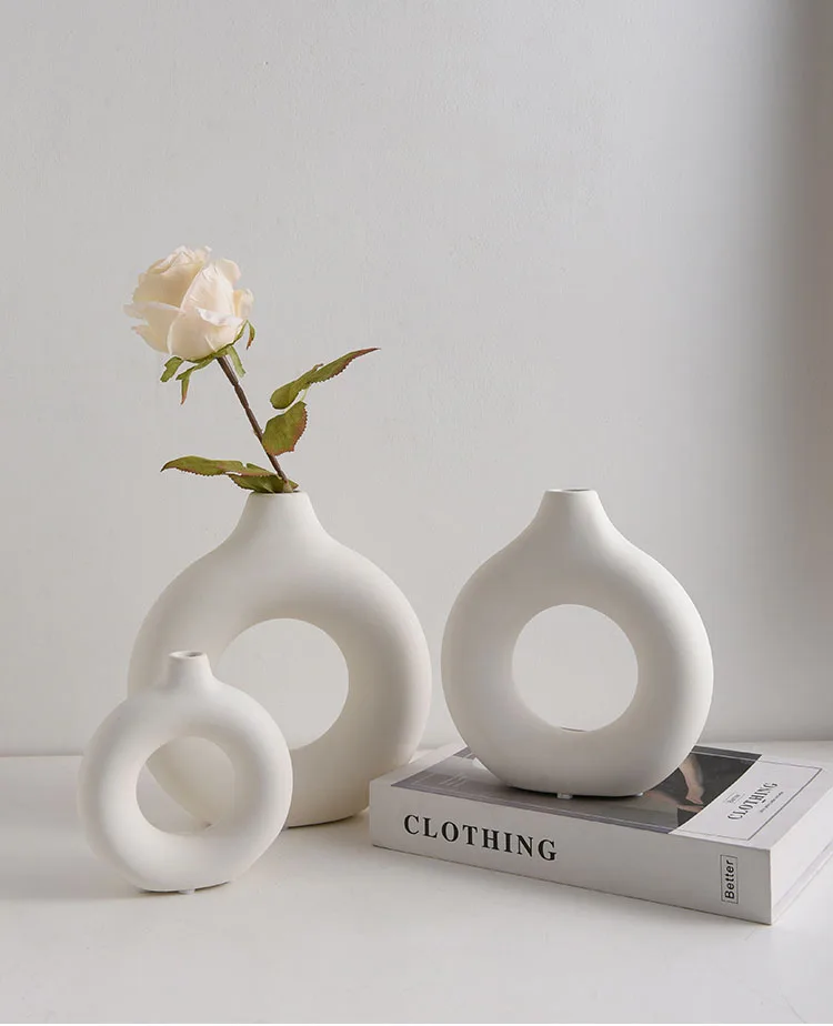 Nordic Circular Hollow Donuts White Vases for Home Decor