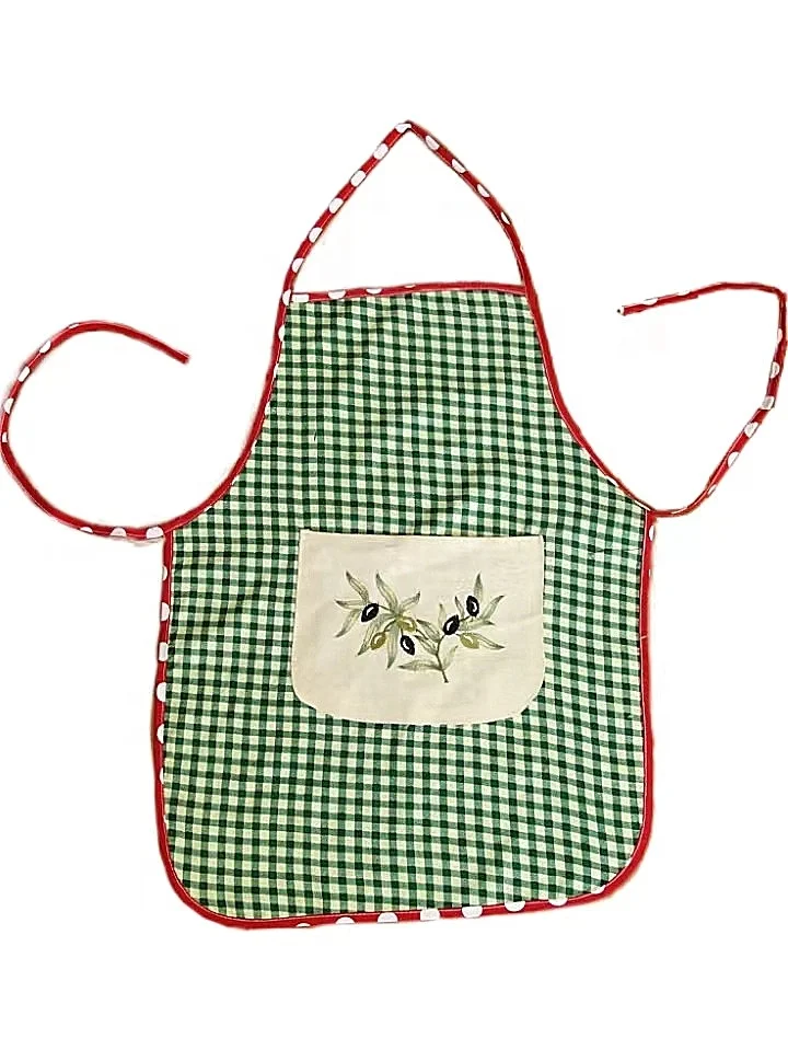 Short Cotton Linen Cloth Apron Custom Embroidery logo Pattern Bib Chef Kitchen Gingham Apron Wholesale 1-pocket