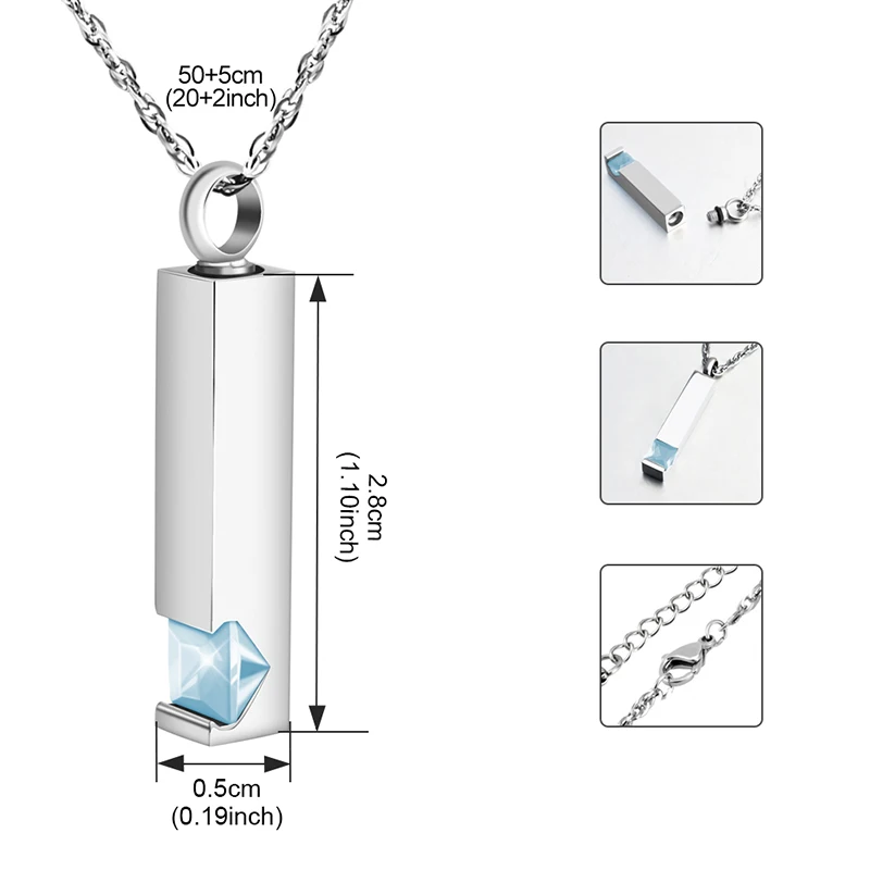 Unisex Stainless Steel Vertical Cubic Bar Container Urn Memorial Pendant Necklace Keepsake 12 color Crystal Cremation Jewelry