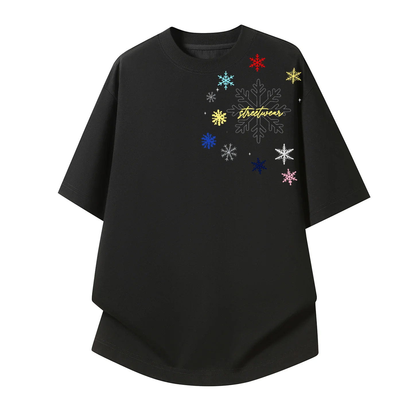 Snowflake print, breathable, regular fit, crew neck, short-sleeved, made of 72.8% cotton and 27.2% polyester, antibacterial men's summer T-shirt.
