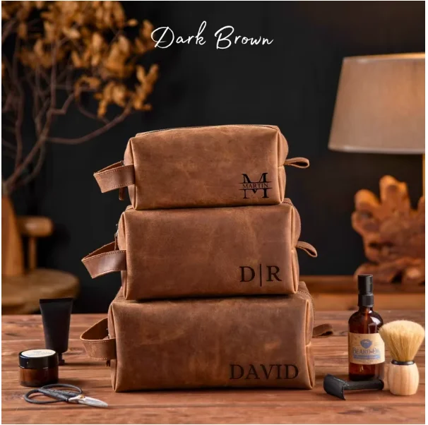 Personalized Casual Makeup Bags Custom Embossed Genuine Leather Men Zipper Toiletry Bag Personalized Casual Makeup Bags Custom Embossed Genuine Leather Men Zipper Toiletry Bag