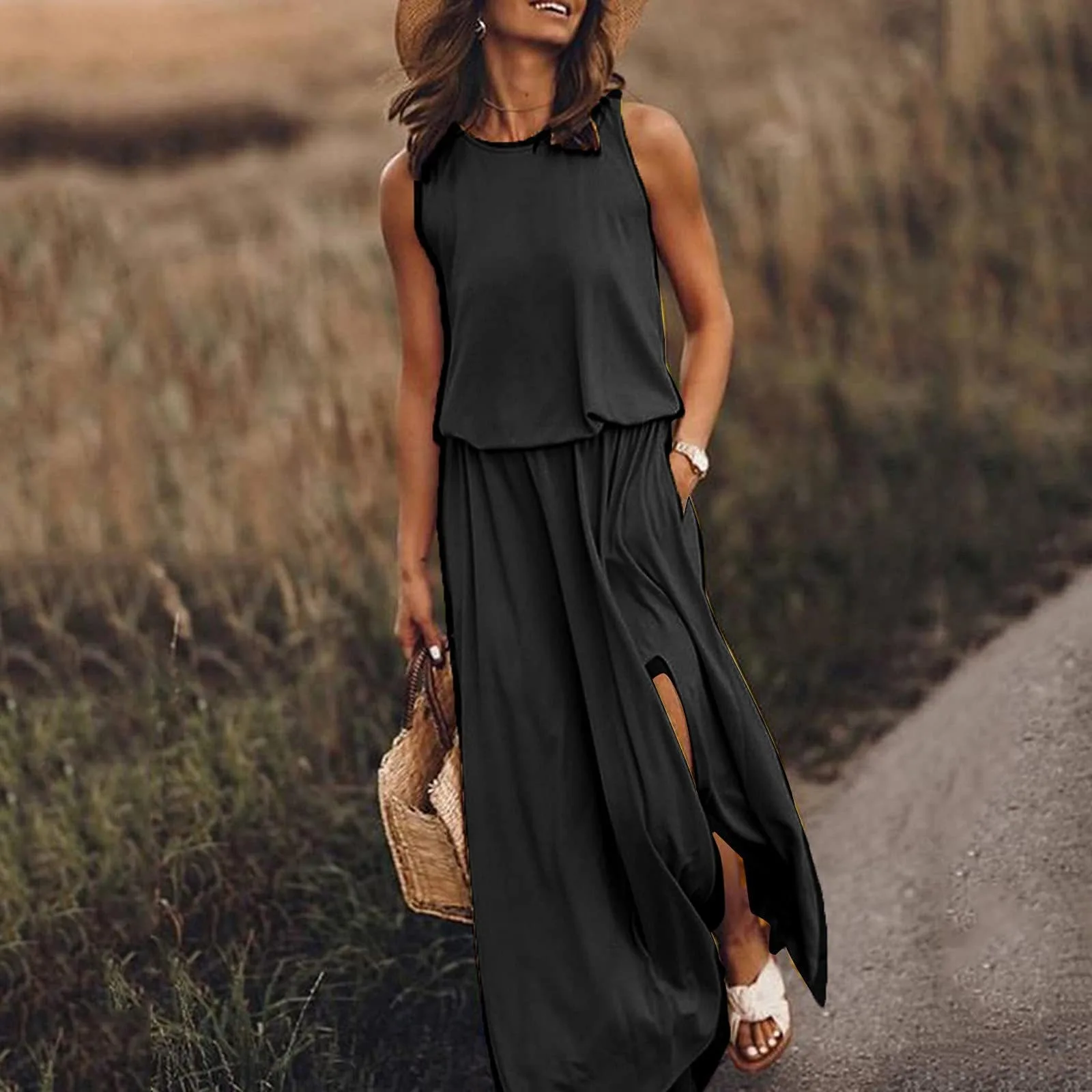 2026 New Spring and Summer Round Neck Sleeveless Slit Solid Color 