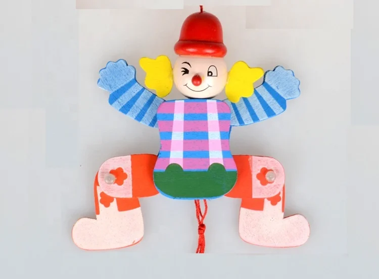 Wooden Hand Puppet Pull String Doll in Clown Design Hanging String Toy