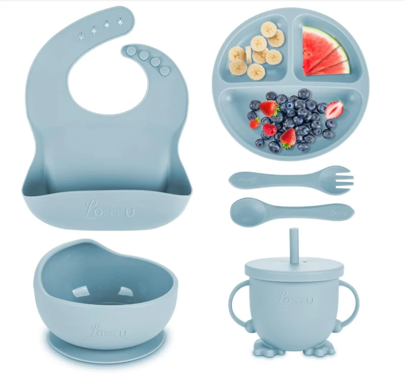 Baby Tableware Set Silicone Suction Plate Baby Bib Drinking Cup Fork Spoon Silicone Baby Feeding Set BPA Free Food Grade Silicon