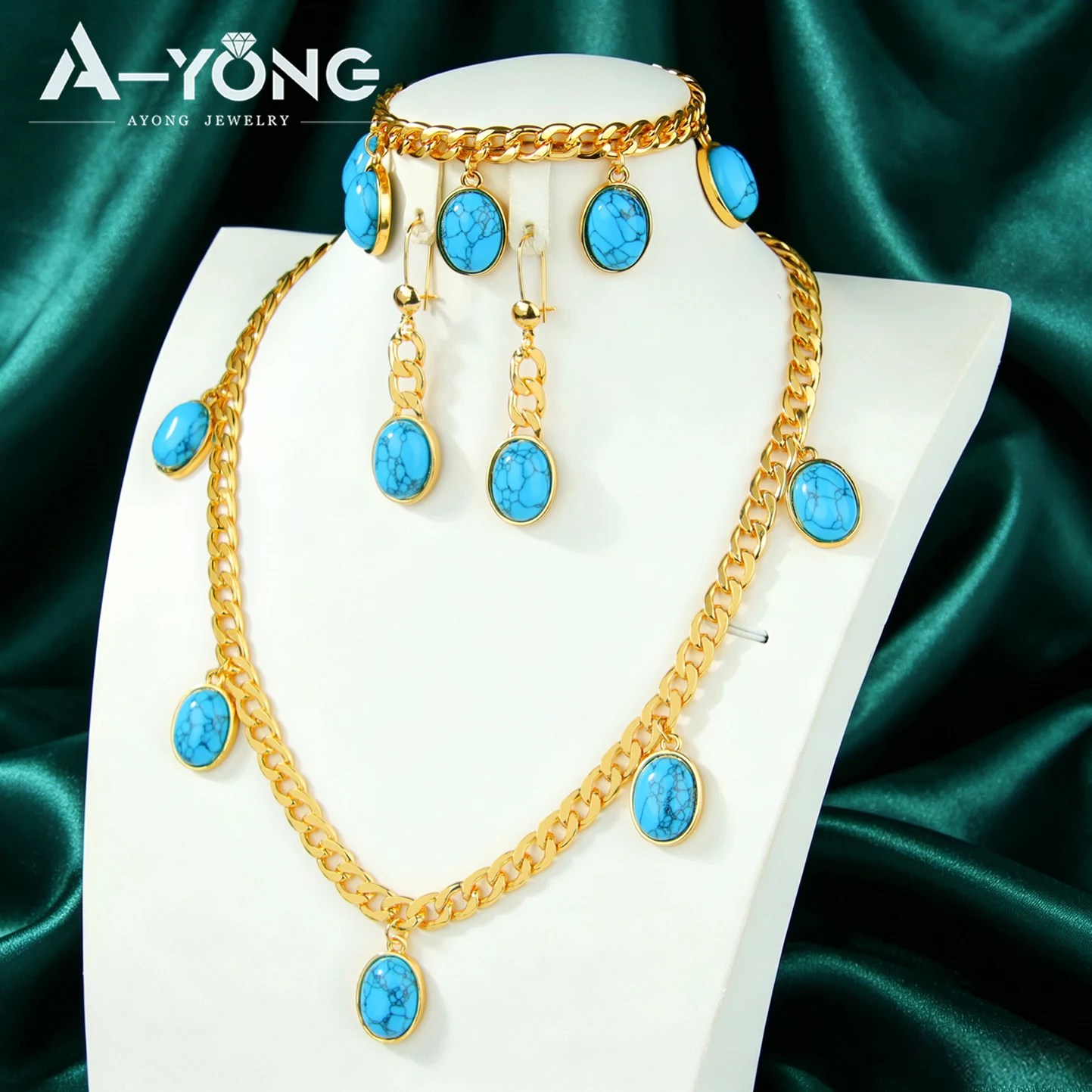 Fashion Style Charm Jewelry Set Blue 18k Gold Plated Jewelry Sets With Turquoise Stones