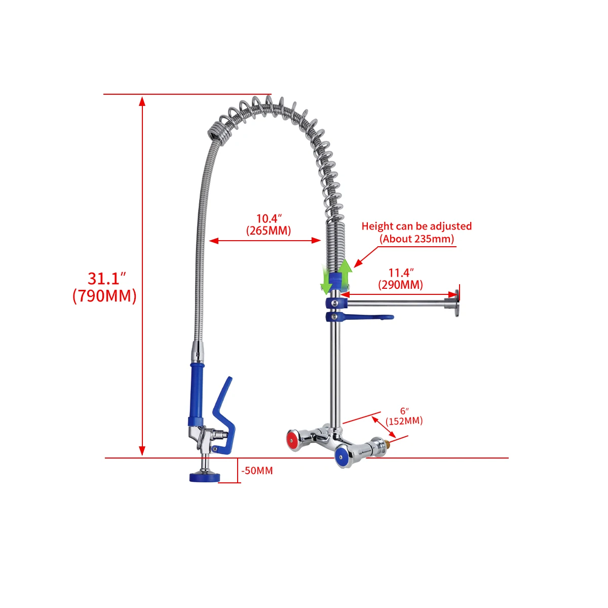 Commercial Kitchen Dual Handle Wall Mounted Spring Action Faucet EasyInstall Ceramic Valve Core Adjustable Height Pre-Rinse Unit manufacture