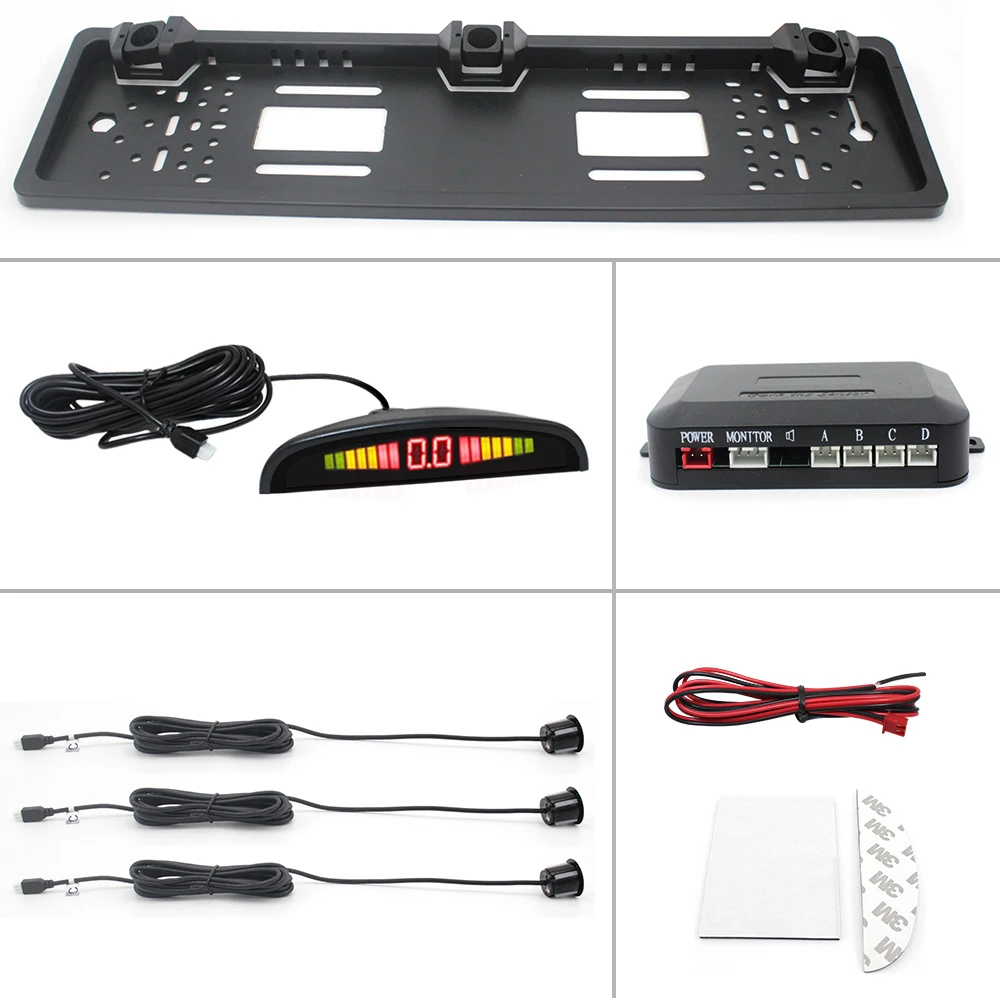 Car Parking Sensor Kit Auto Reversing Radar European License Plate Camera Front Back Electromagnetic Monitor System 3 Sensors