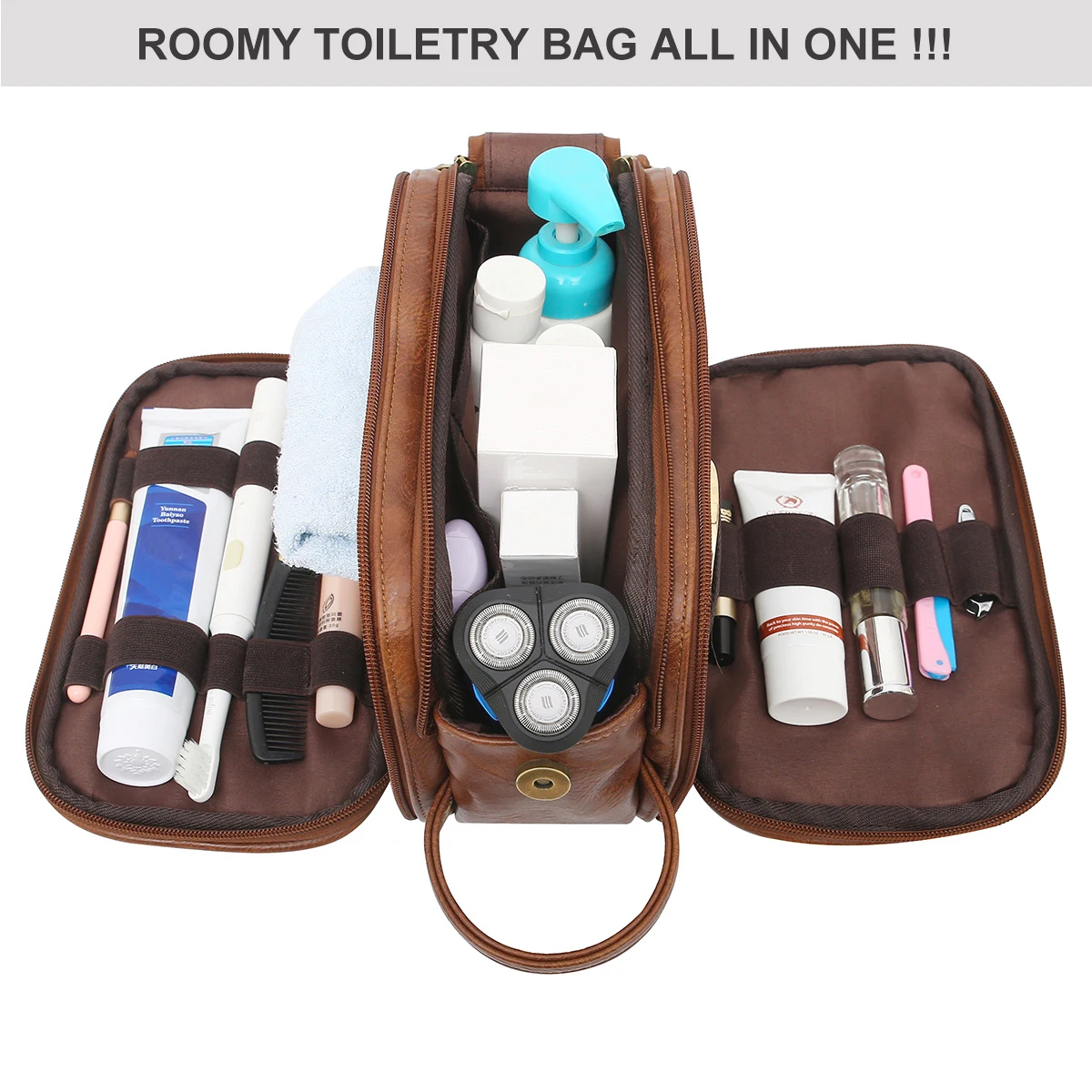 Унисекс кожаная сумка Amazon для туалетных принадлежностей, дорожный набор для бритья большого объема, все в одном, органайзер для туалетных принадлежностей, кожаная косметичка