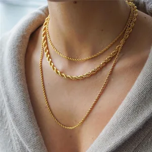 Wholesale Custom 14k 18k Gold Plated 2mm-5mm Stainless Steel Rope Chain Necklace Bulk Twisted Gold Chain with Zircon for Gift