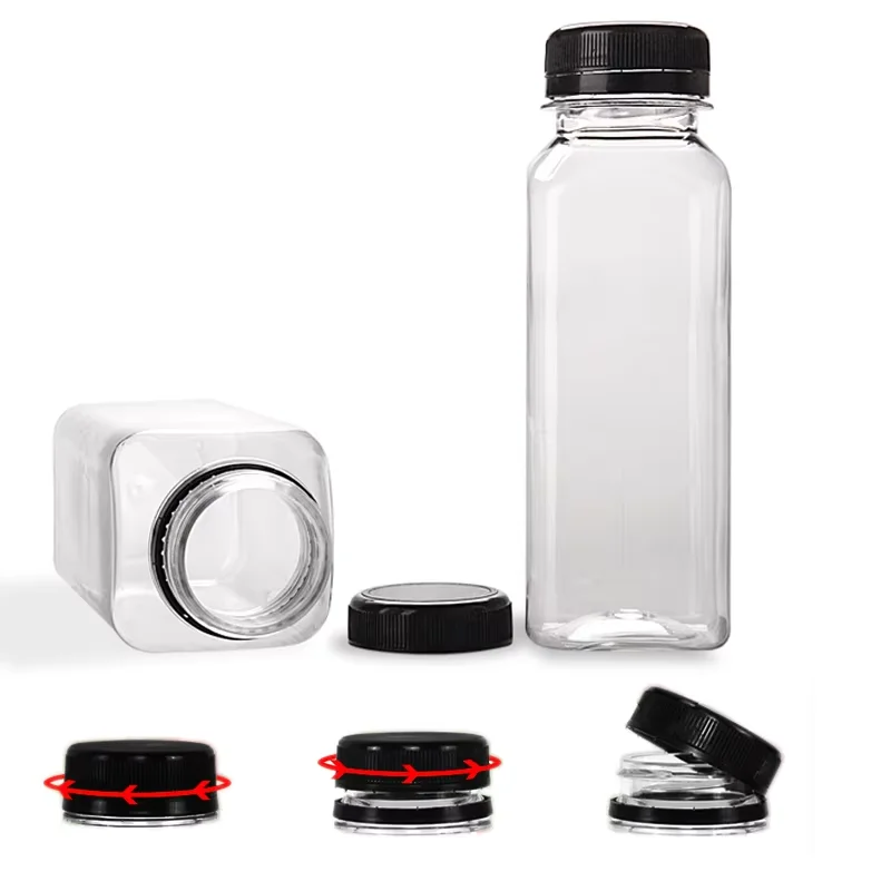 250ml 350ml 400ml 500ml Customized Labeling PET Juice Bottle Square Transparent PET Drinks Plastic Juice Bottle With Cap
