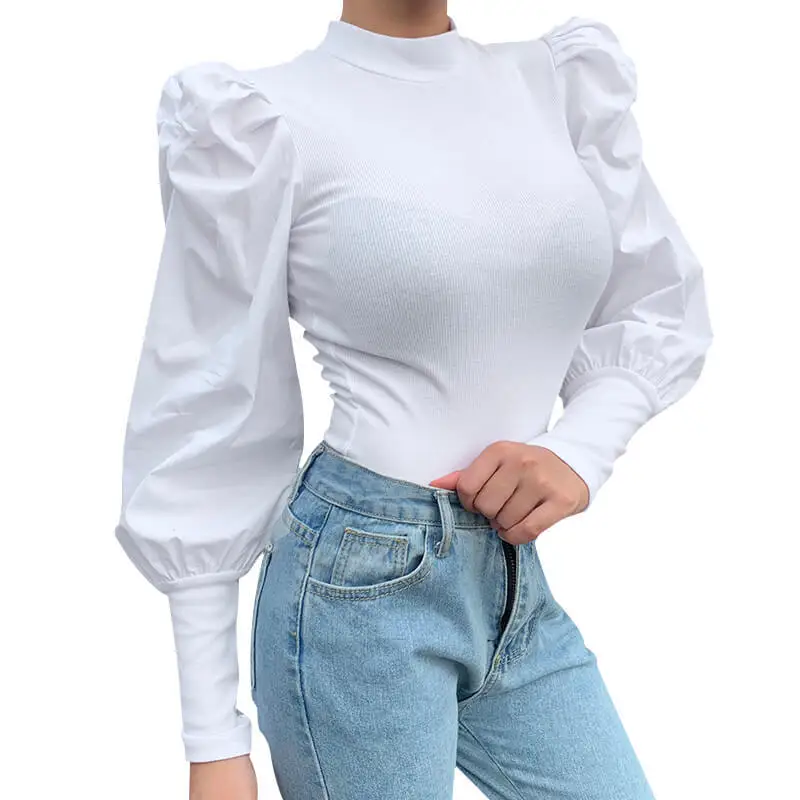 Long Sleeve Plain White Ruffle Chiffon 