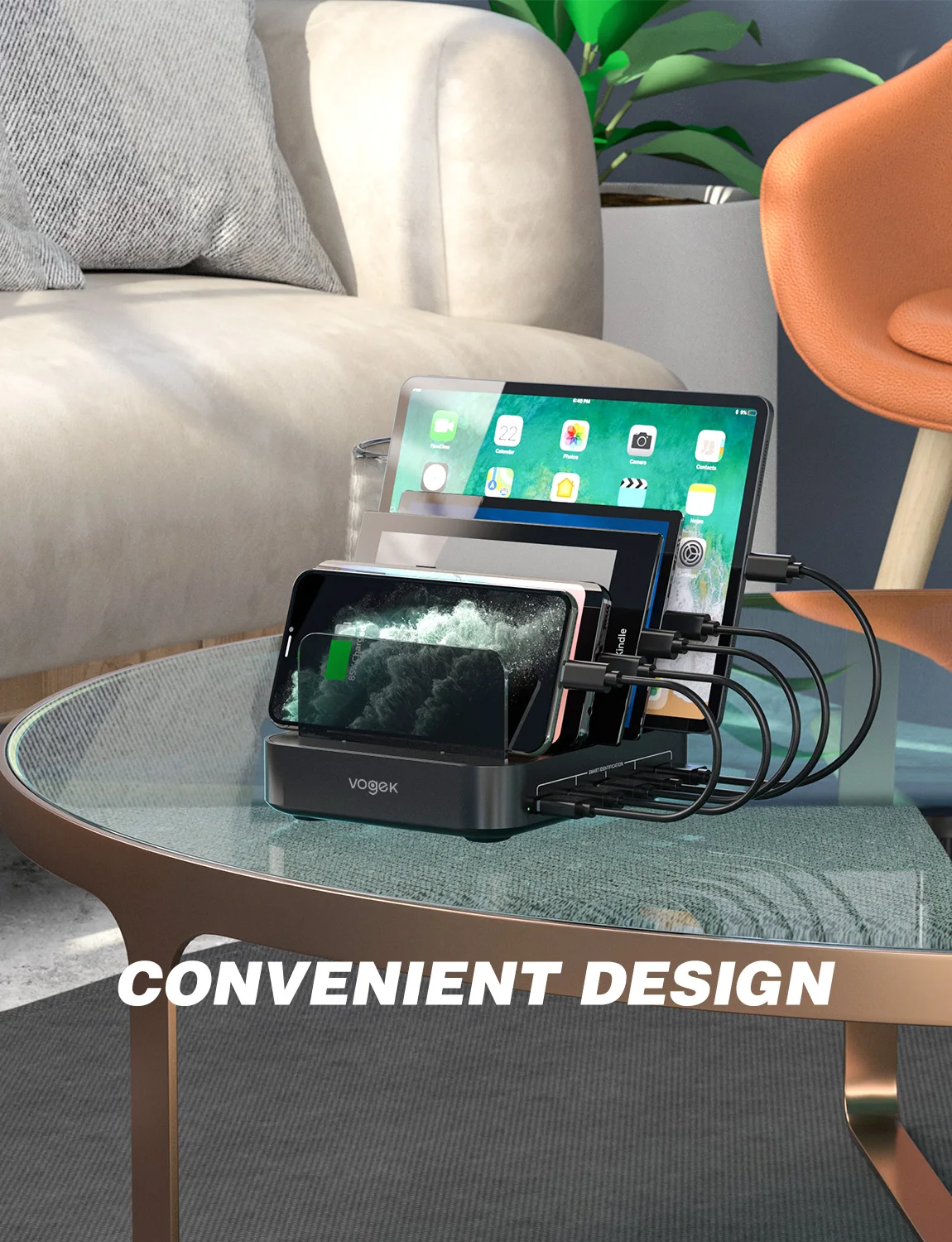 Мощные 5 USB-портов с 8 короткими смешанными кабелями, часы и подставка под Airpod в комплекте с несколькими устройствами, 50 Вт, зарядная станция
