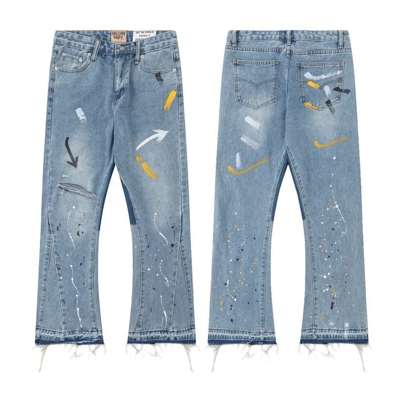 Populaire highstreet-designerjeans met wijde pijpen en inktprint voor mannen en vrouwen, modieus hip-hopstijl, loszittende rechte broek van denim
