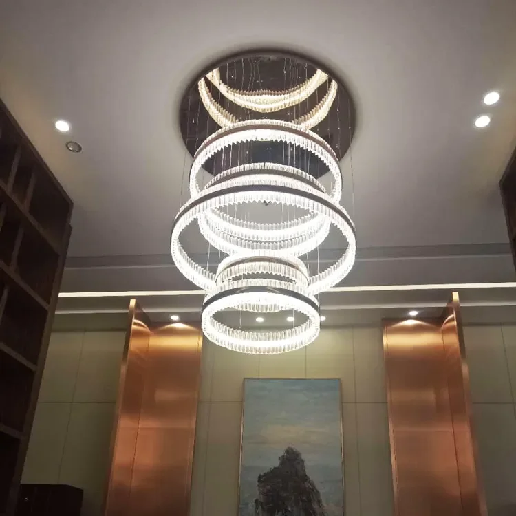 Modern Lobby Spiral Ring Crystal Chandelier Large Stair LED Crystal Pendant Light