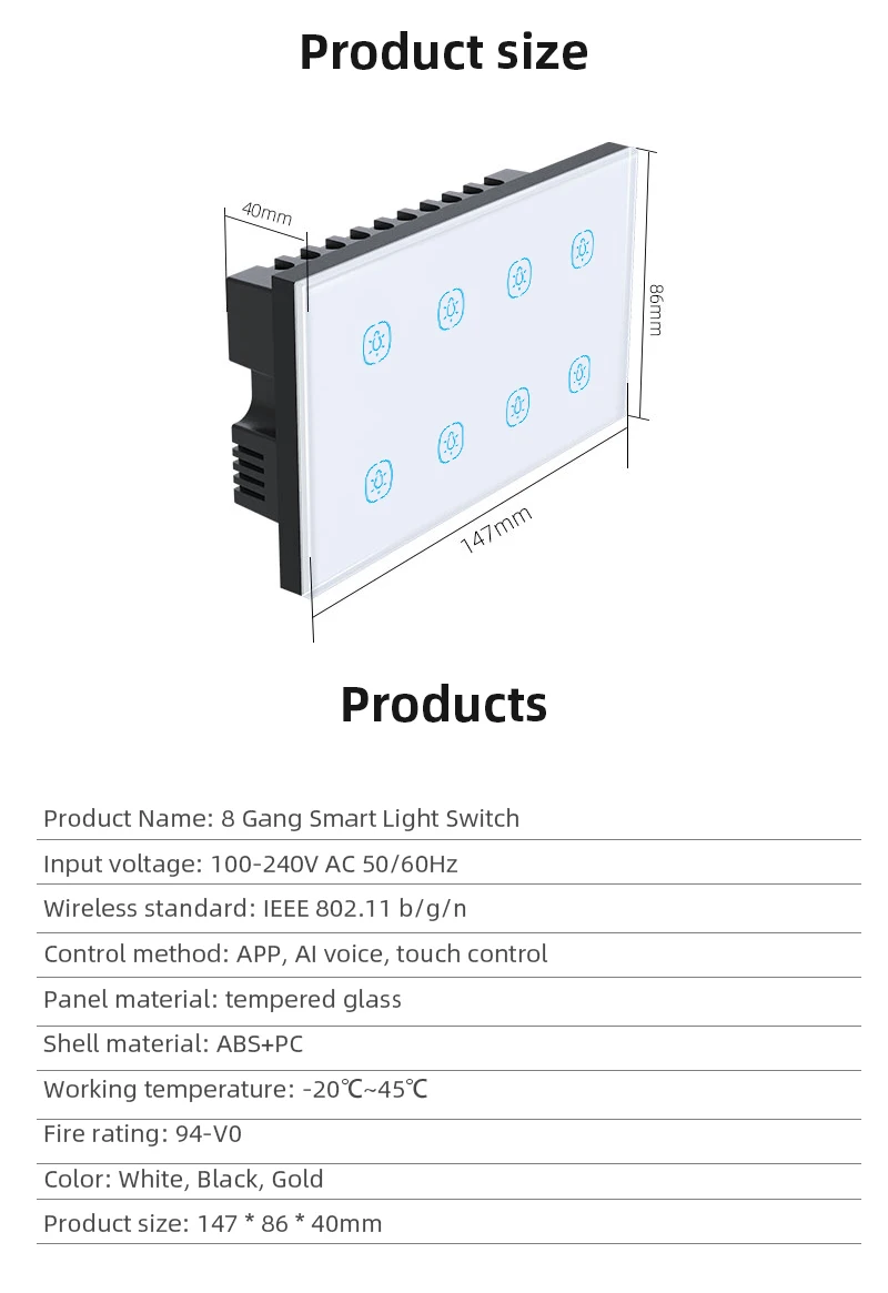 8Gang Intelligent Touch Switch WiFi Supports Alexa, Google Assistant, Tuya APP to Control Light Switch UK Standard